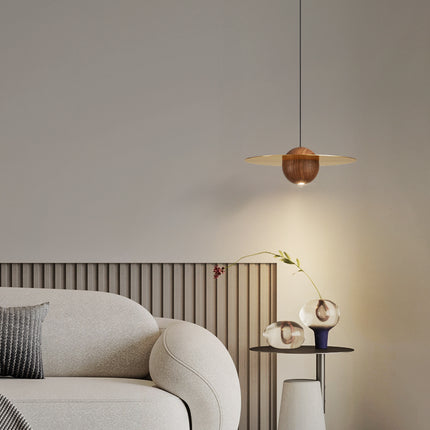 Kimphoria Modern Minimalist Adjustable Height Walnut Wood Brass/Matte Black Pendant