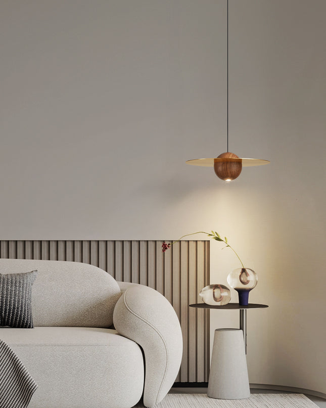 Kimphoria Modern Minimalist Adjustable Height Walnut Wood Brass/Matte Black Pendant